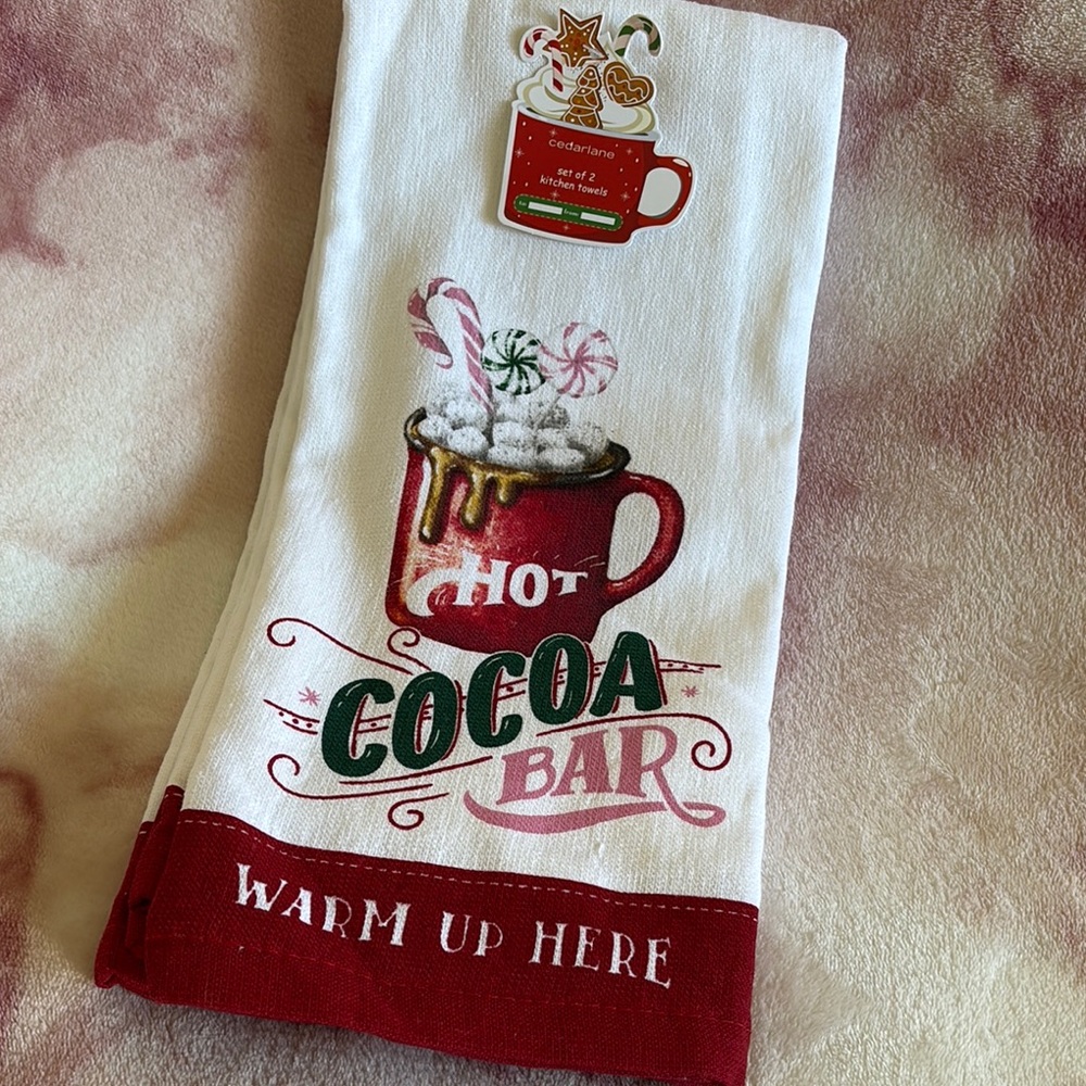 Festive Hot Cocoa Bar Kitchen Towels Two NWT Cotton 18x28”
